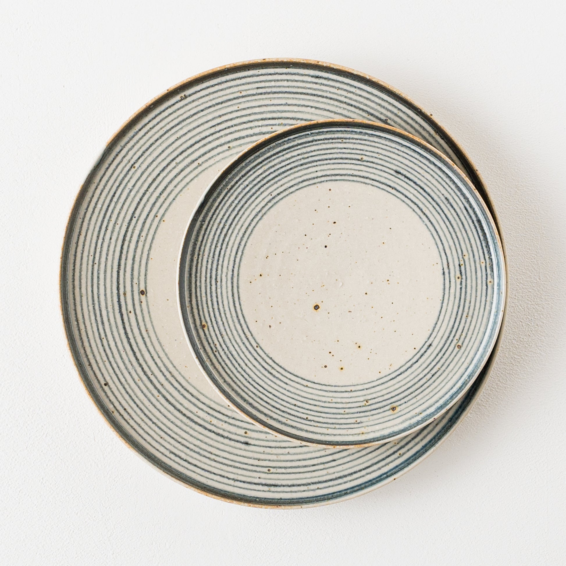 呉須色の独楽筋がお料理を引き立たせてくれる冨本大輔さんの灰釉染付の平皿