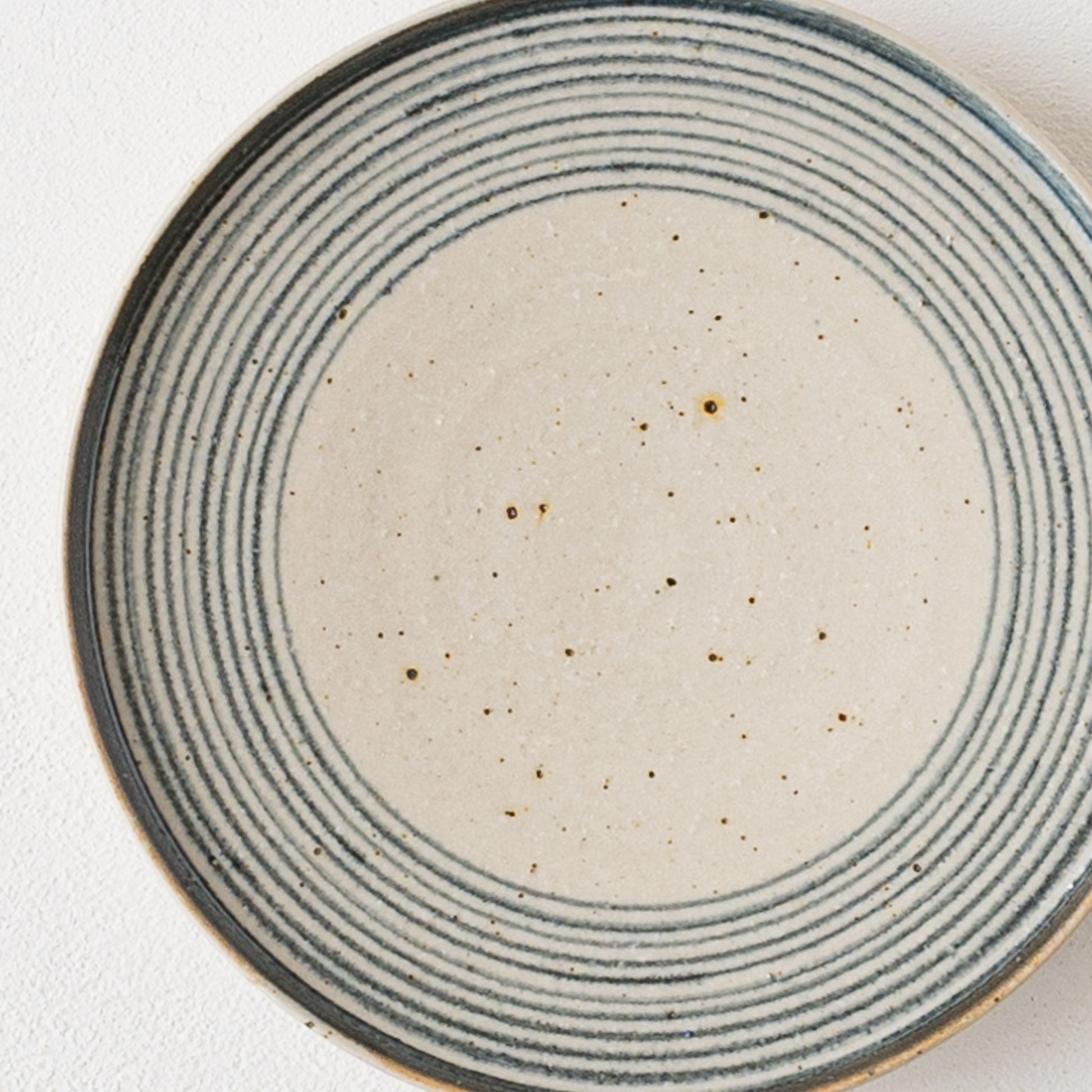 呉須の輪線と黒点が味わい深い冨本大輔さんの灰釉染付5寸平皿