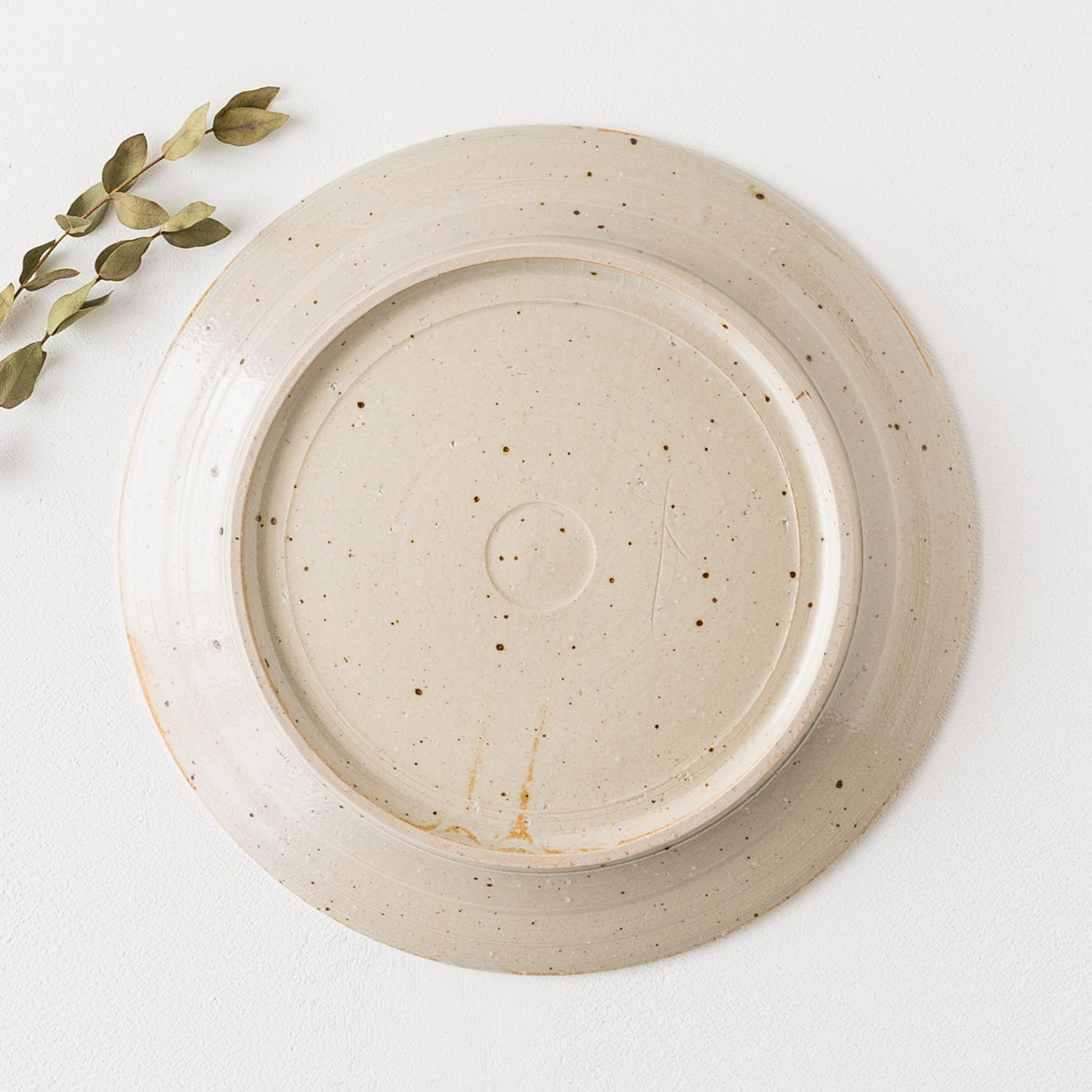 ところどころ表れた鉄粉が味わい深い冨本大輔さんの灰釉鉄絵7寸リム皿