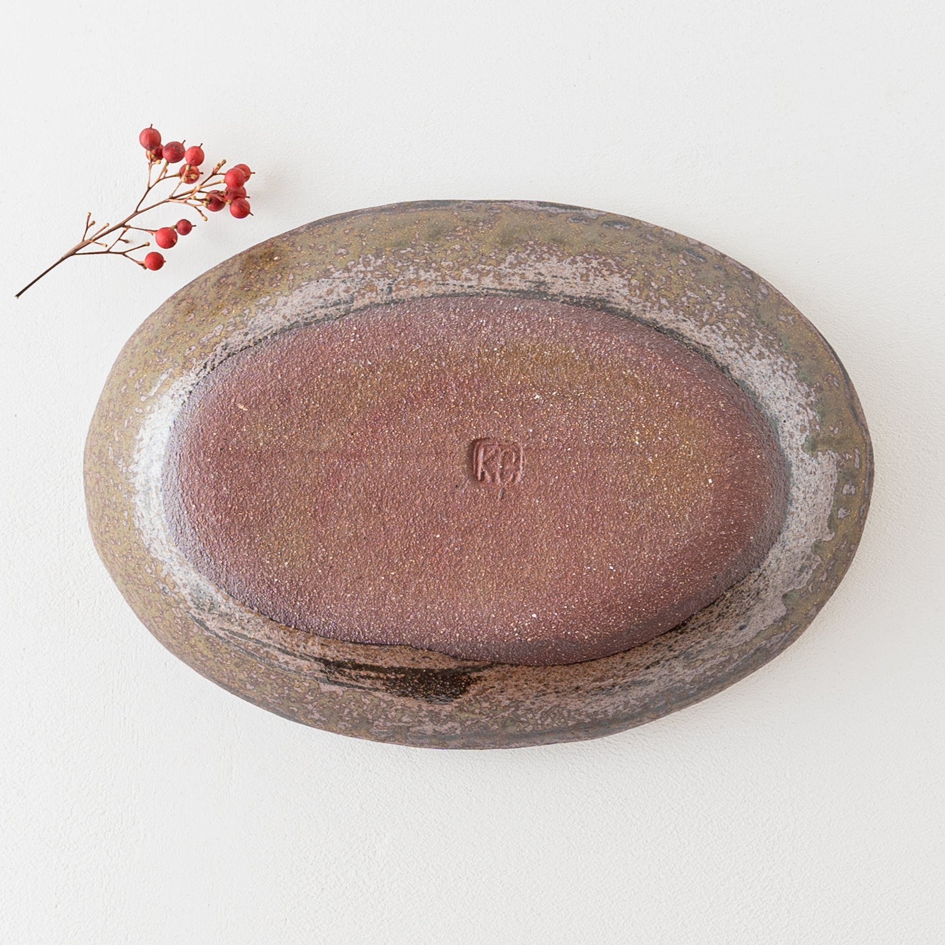 紀窯中川紀夫さんのスリップウェアフェザーコーム楕円鉢